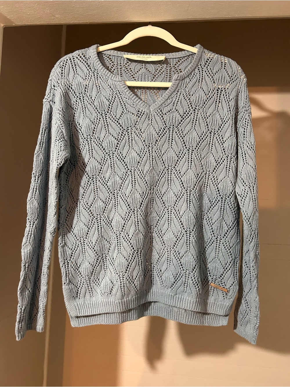 Peace Love World Light Blue Open-Knit Scoop Neck Sweater